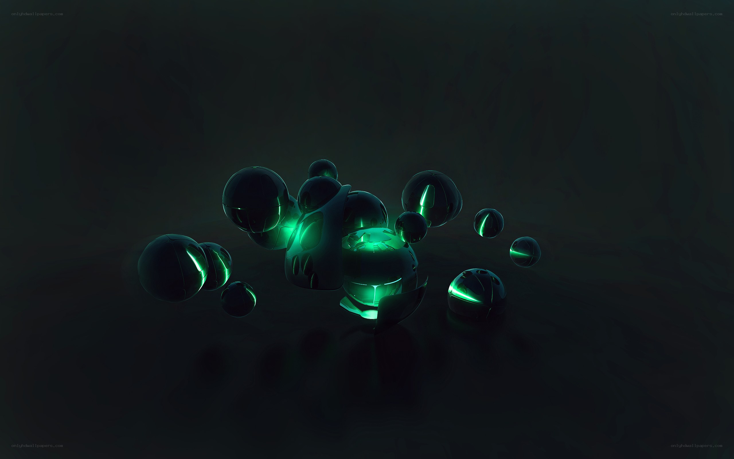 glowing green spheres in darkness