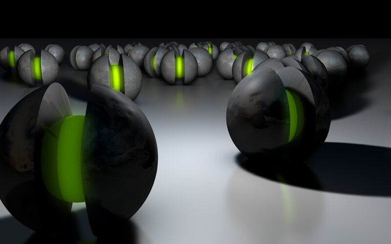 Glowing green spheres in formation