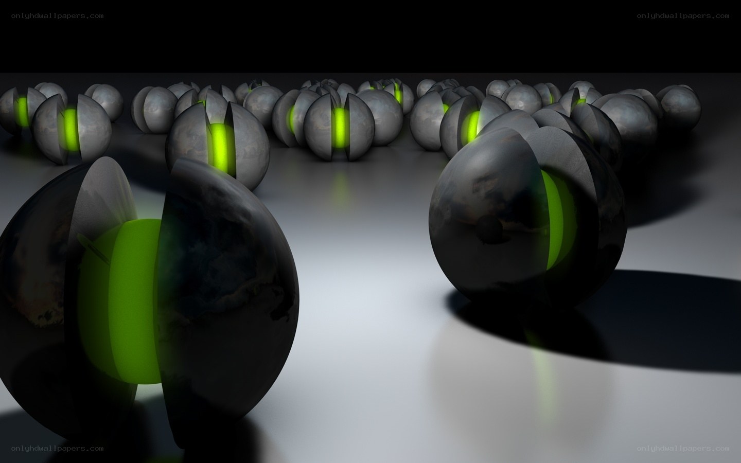 Glowing green spheres in formation