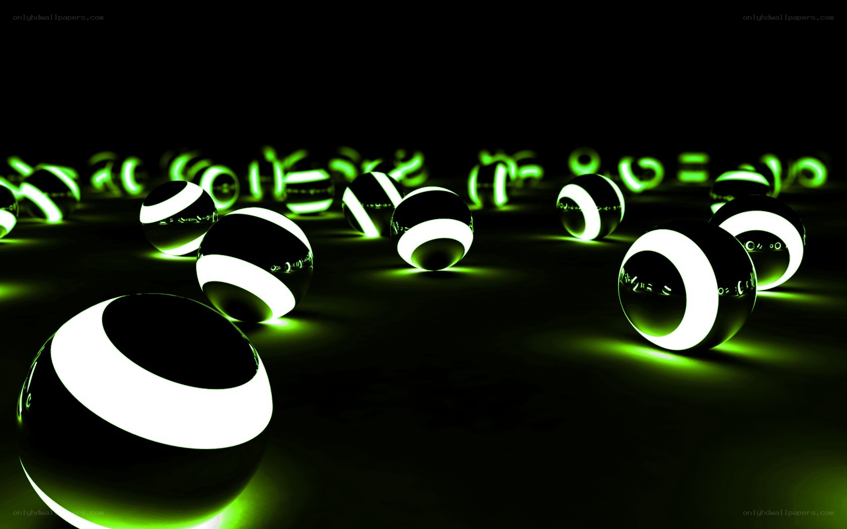 glowing green spheres on dark surface