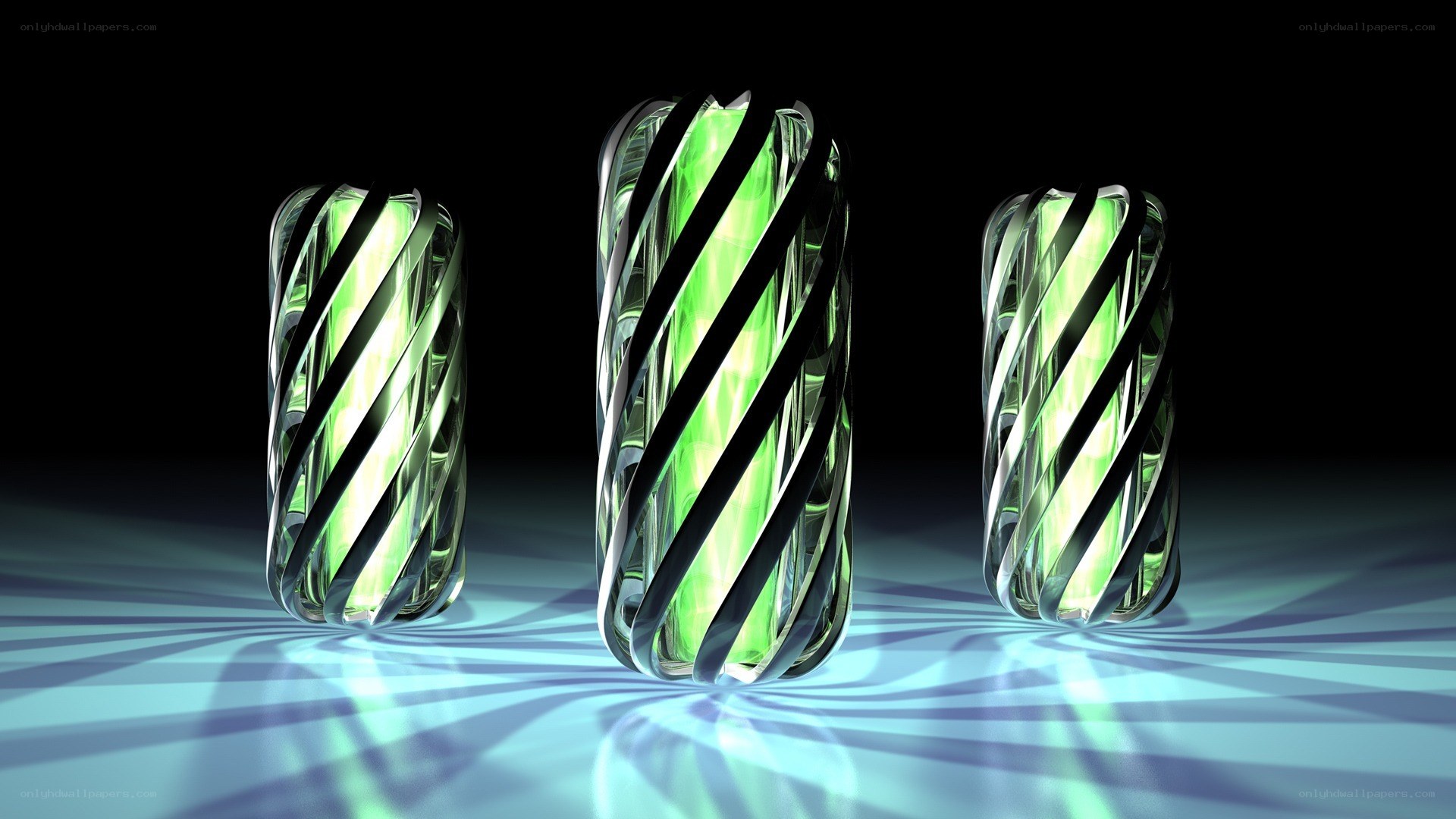 glowing green spiral sculptures