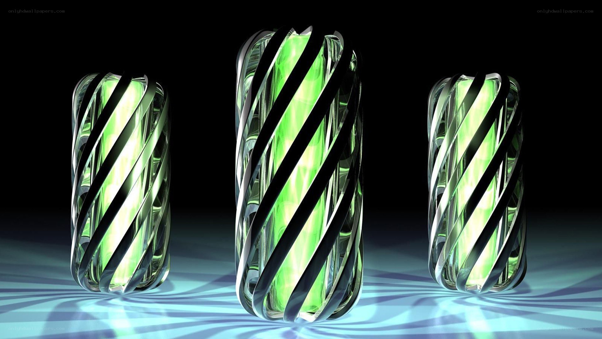 glowing green spiral sculptures