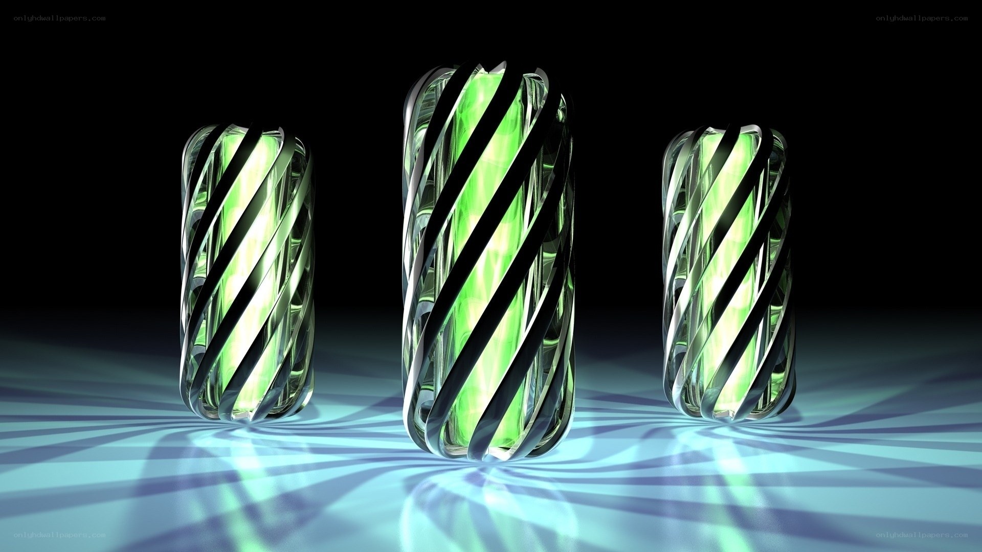 glowing green spiral sculptures
