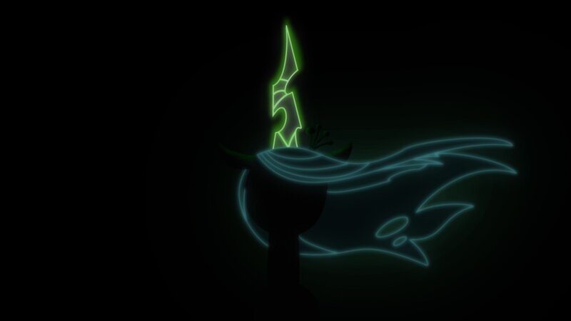 glowing green sword and cape