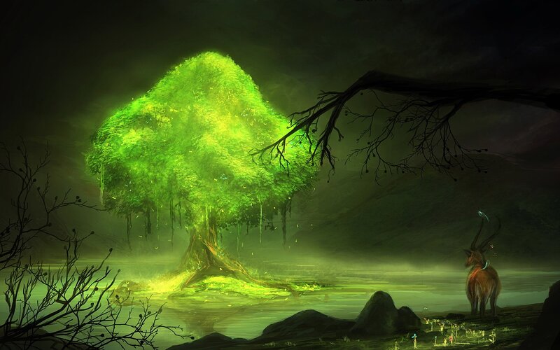 Glowing Green Tree — Mystical, Night, Digital Art
