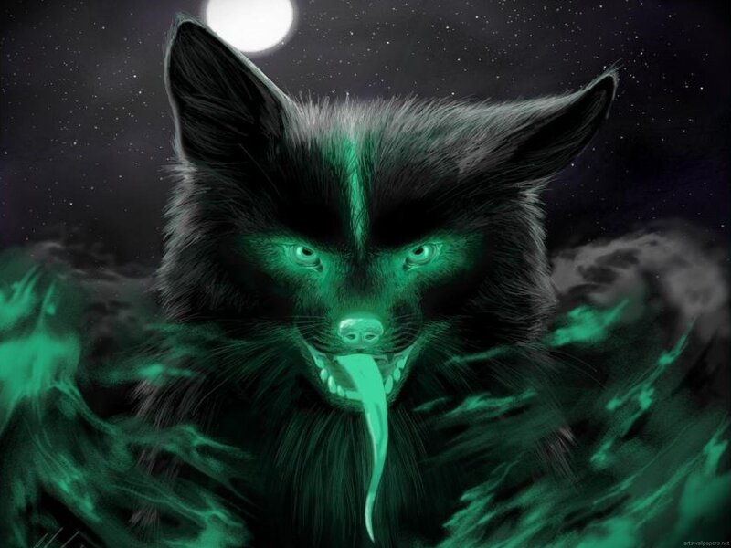 glowing green wolf under moon