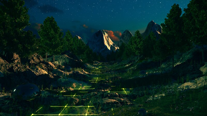 Glowing Grid on Mountain Path