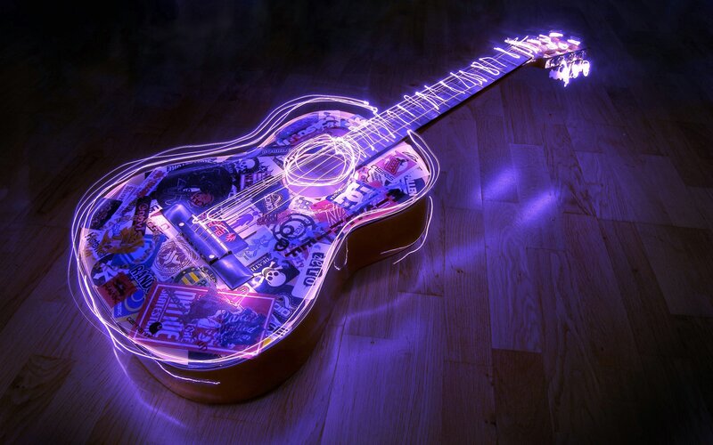 Glowing Guitar on Floor — Purple, Dramatic, Night