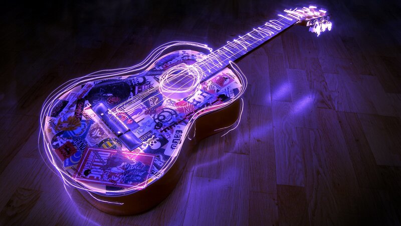 Glowing Guitar on Floor — Purple, Dramatic