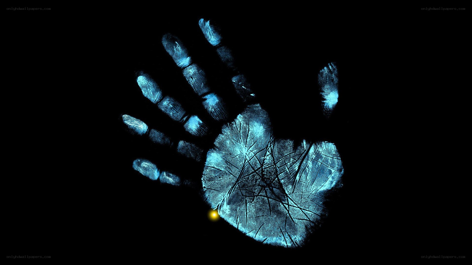 glowing handprint on black