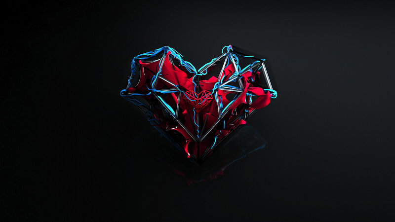Glowing Heart Sculpture — Black, Dramatic, 3d Render, Red Fabric