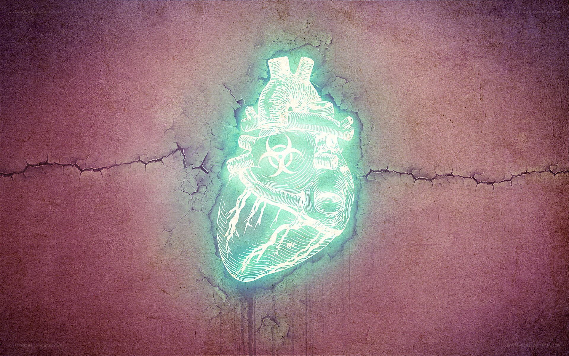 glowing heart with biohazard symbol