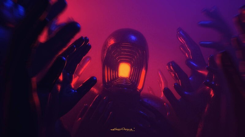 Glowing Helmet Surrounded by Hands — Purple