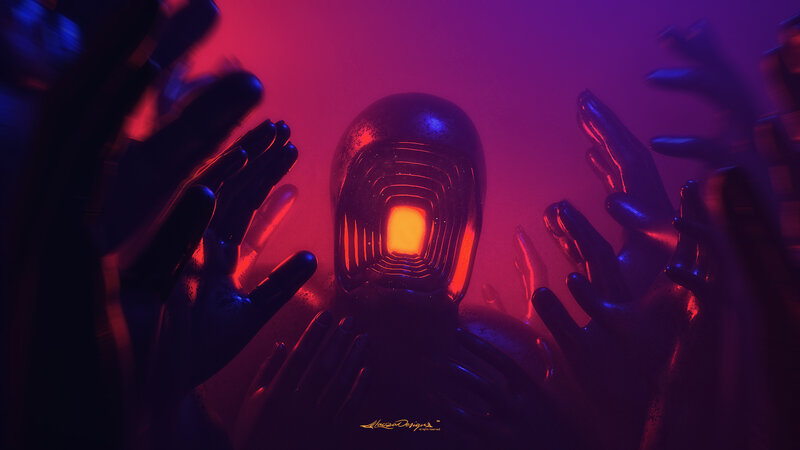 Glowing Helmet Surrounded by Hands