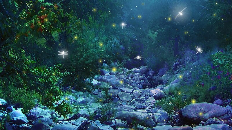 Glowing Insects in Forest — Green, Serene