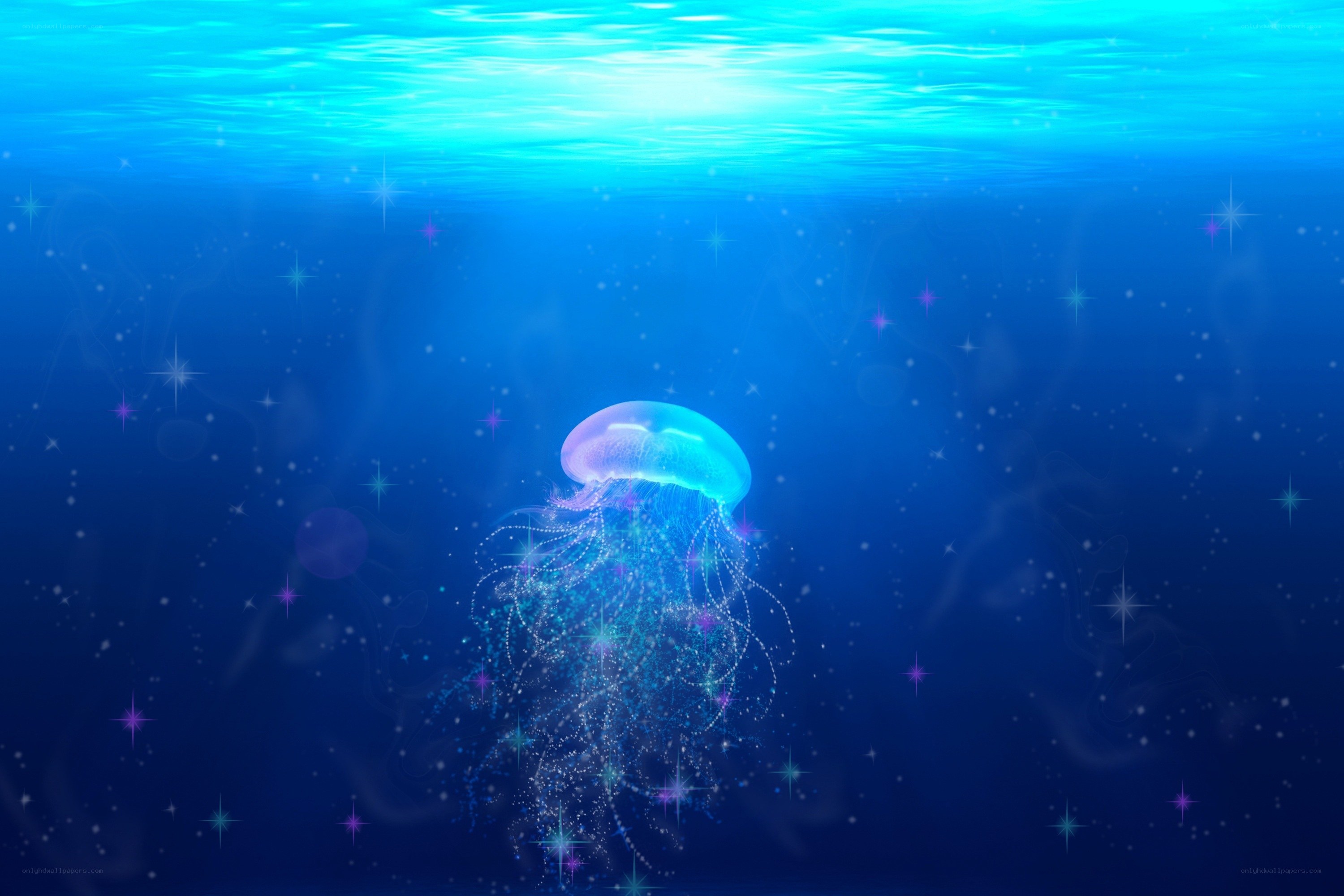 glowing jellyfish in deep sea