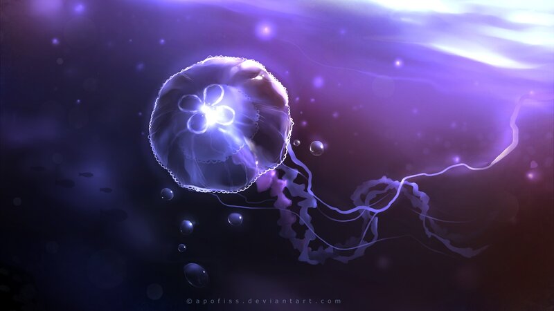 glowing jellyfish in purple water