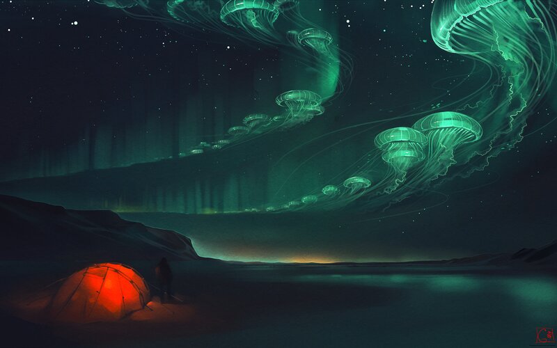Glowing Jellyfish in Sky — Green, Serene