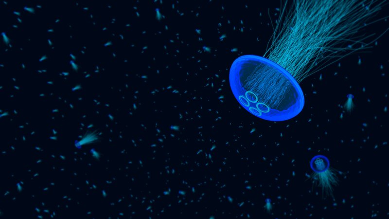 Glowing Jellyfish in Water — Blue, Serene, Night, Digital Art, Bioluminescence