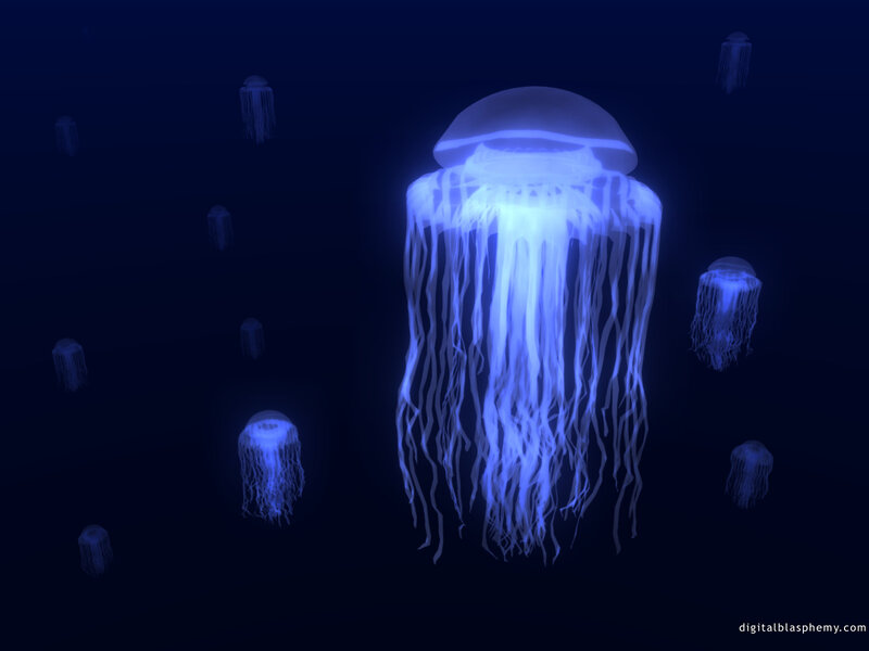 Glowing Jellyfish in Water — Blue, Serene, Night, Digital Art, Dark Water
