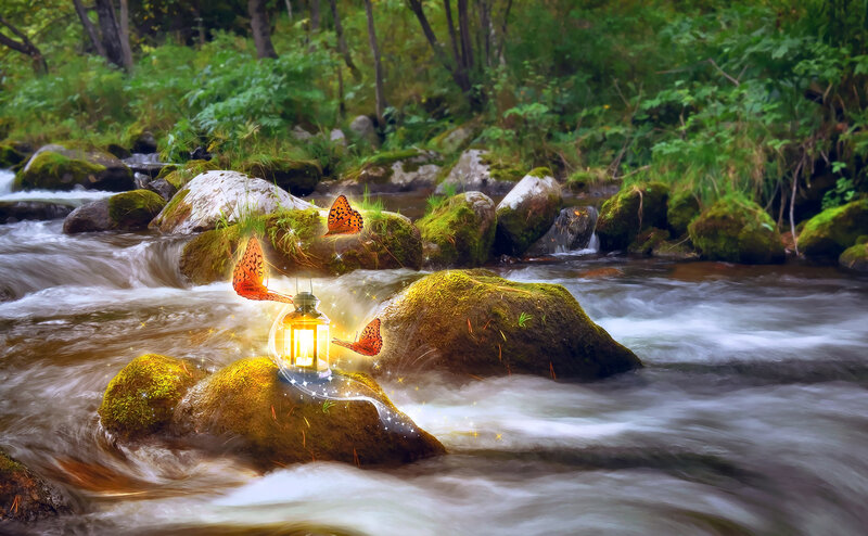 Glowing Lantern in Stream