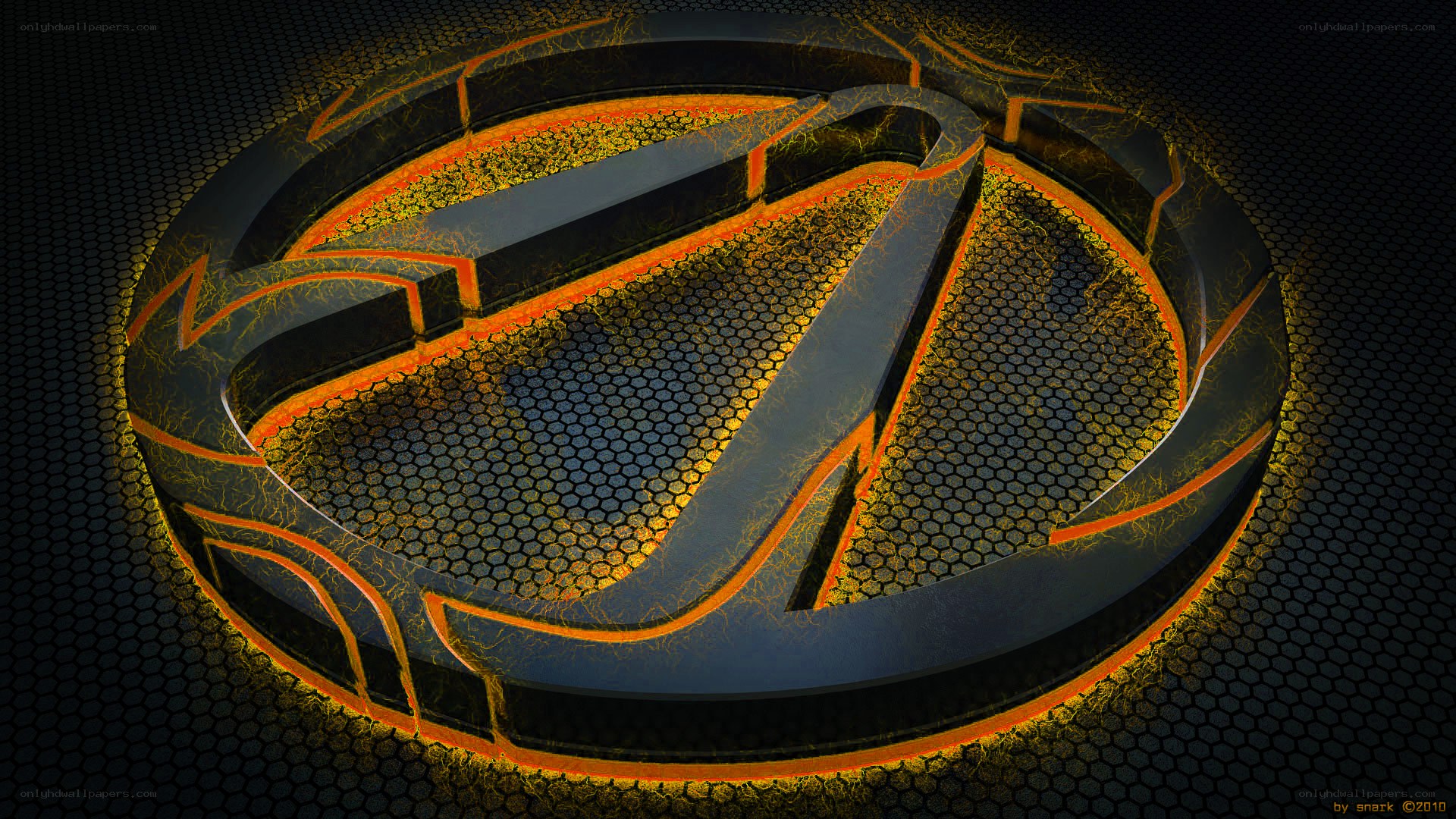 glowing logo on hexagonal mesh