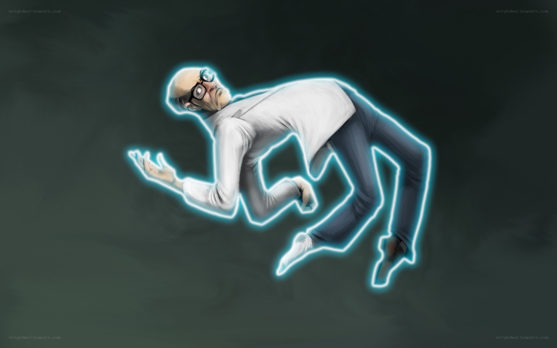 glowing man in mid-air