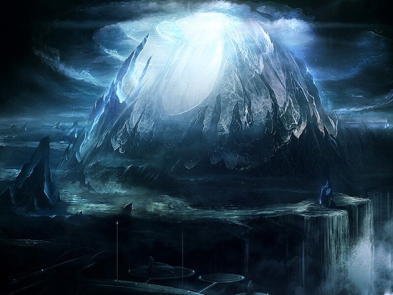 glowing mountain in dark landscape