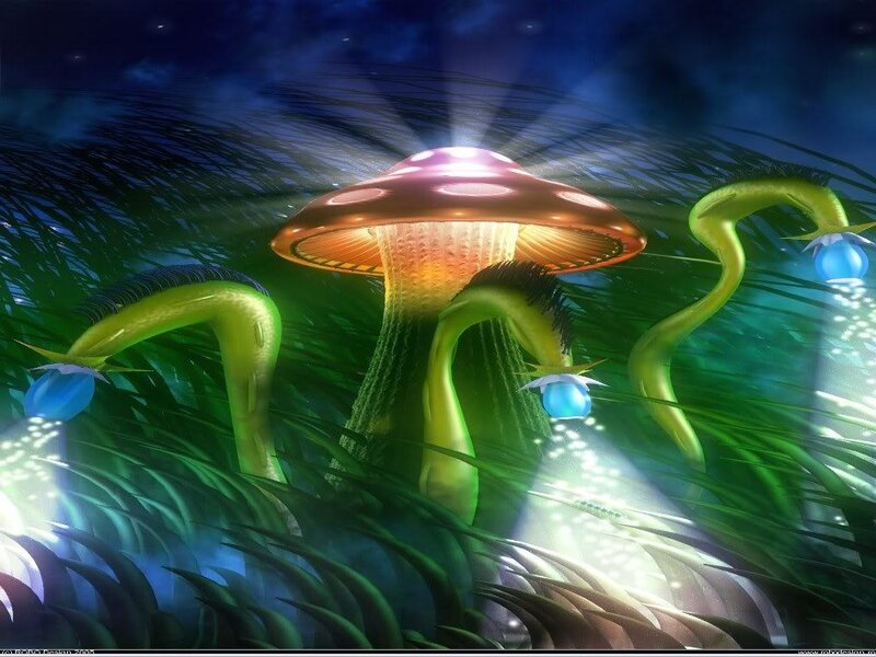 Glowing mushroom in alien forest
