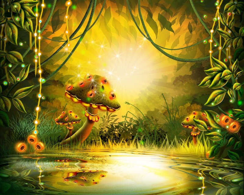 Glowing Mushrooms in Forest — Green, Magical, Night