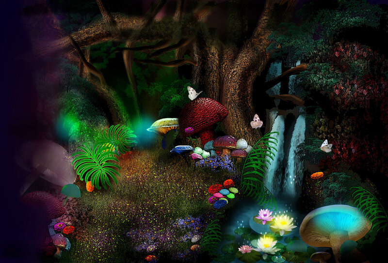 Glowing Mushrooms in Forest — Green, Magical