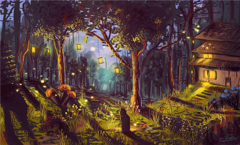 Glowing Mushrooms in Forest — Green, Mysterious