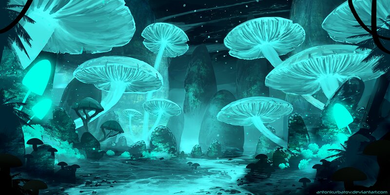 Glowing Mushrooms in Forest — Teal