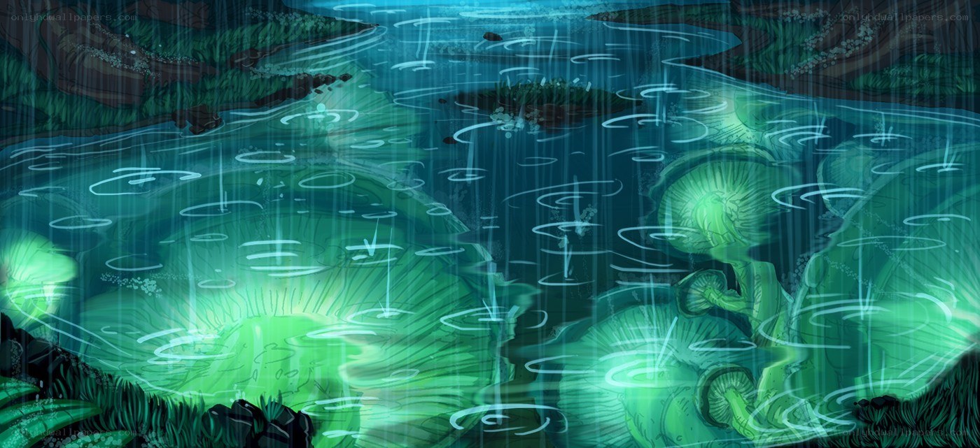 Glowing mushrooms in rain