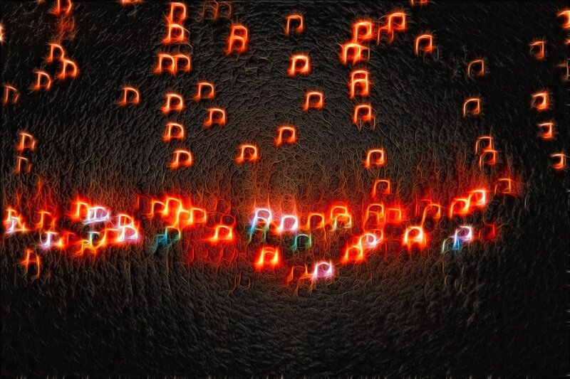 glowing musical notes on dark background