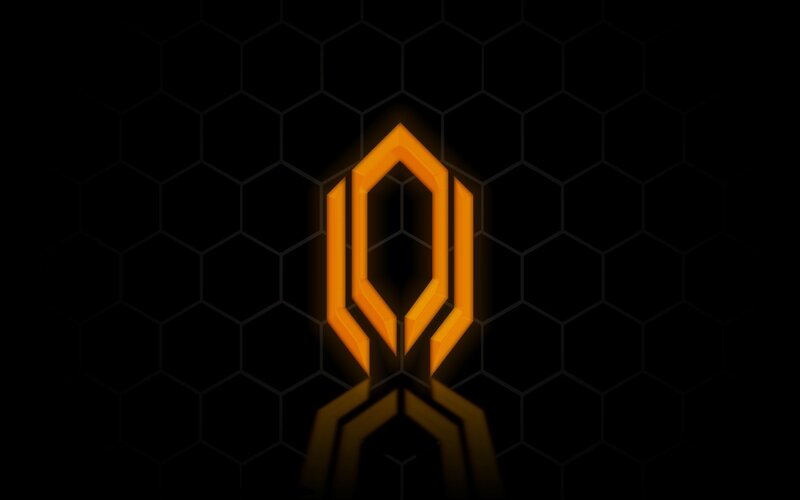 glowing orange logo on dark background