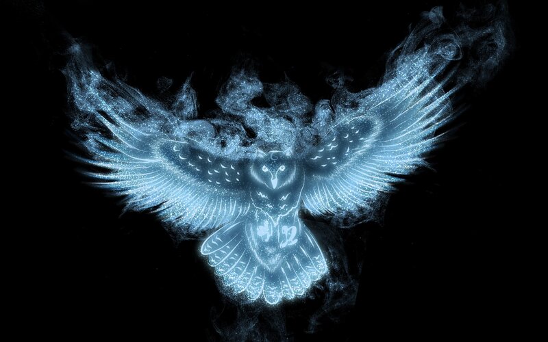 Glowing Owl in Flight — Blue