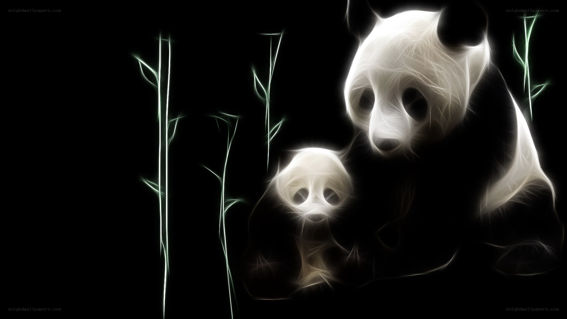 Glowing pandas in bamboo