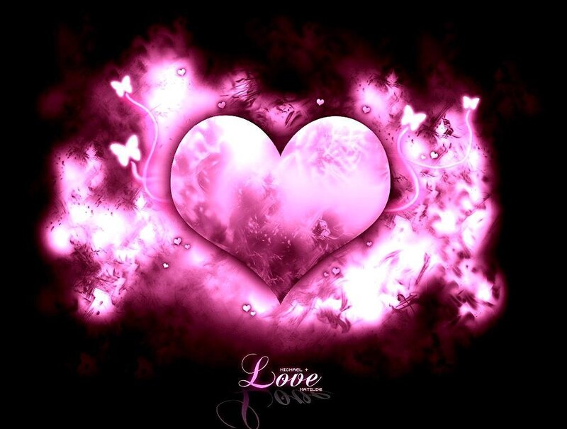 Glowing Pink Heart — Romantic, Night, Digital Art, Butterflies, Smoke