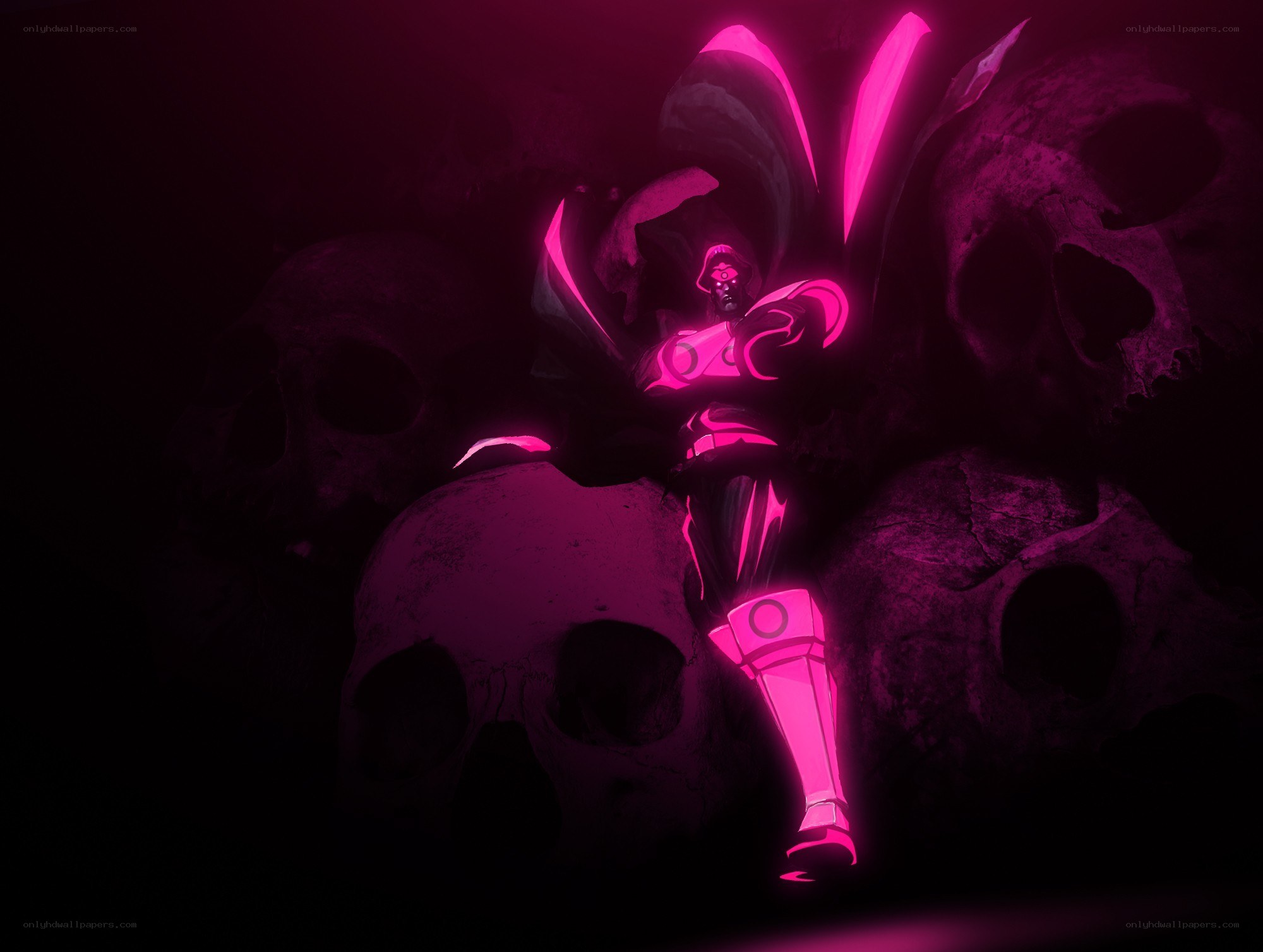 glowing pink warrior in skull cave