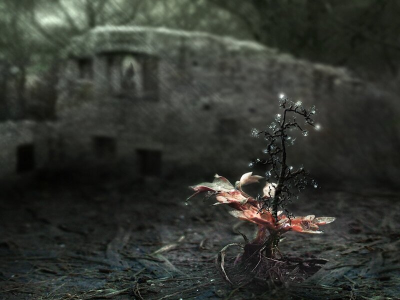 Glowing plant in ruins