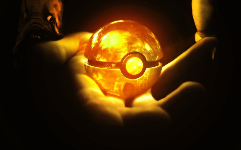 Glowing Pokeball in Hand — Yellow, Dramatic, Digital Art