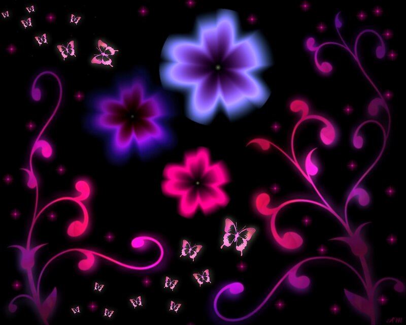 glowing purple flowers and butterflies