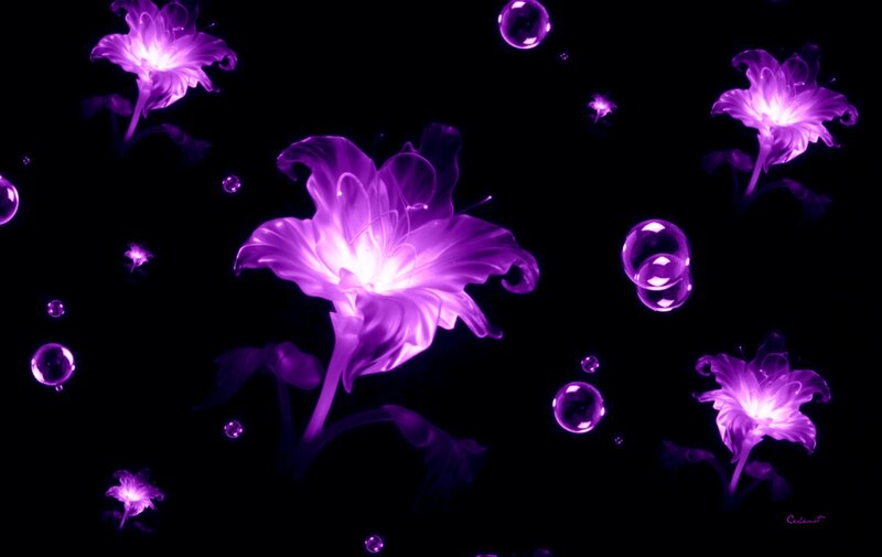 Glowing Purple Flowers — Dreamy, Night, Digital Art, Bubbles