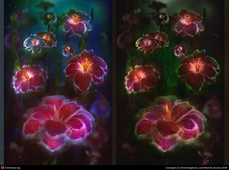 Glowing Purple Flowers — Dreamy, Night, Digital Art, Butterflies