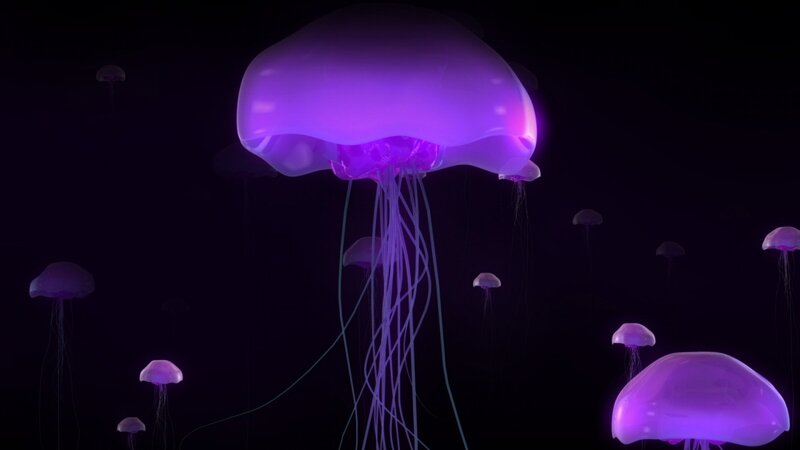 glowing purple jellyfish in dark water