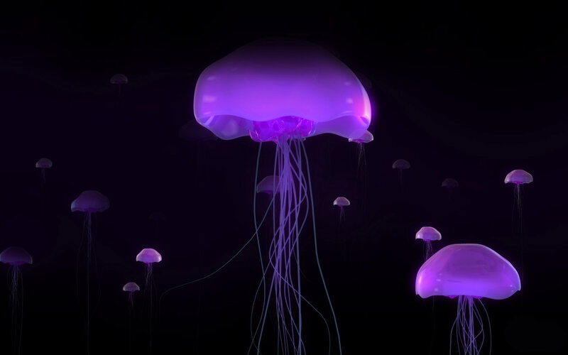 Glowing Purple Jellyfish — Serene, Night, 3d Render, Dark Water, Bioluminescence, Black