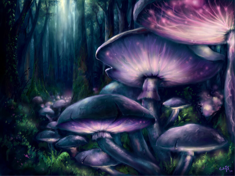 Glowing Purple Mushrooms — Mystical, Night, Digital Art, Forest, Moss