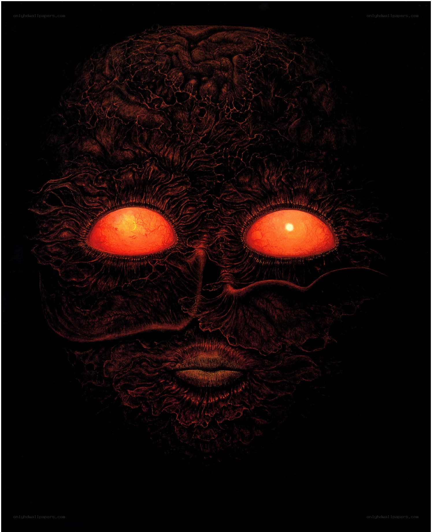 glowing red eyes in dark face