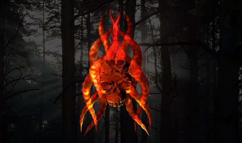 Glowing red monster in forest